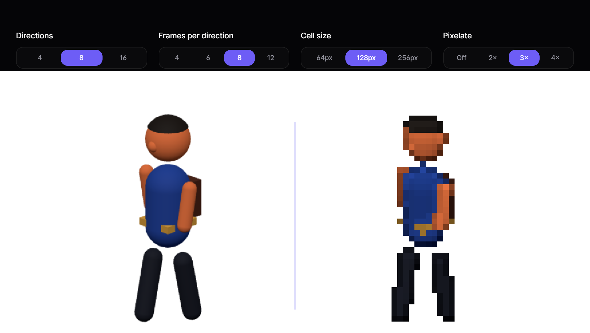 En haut : le réglage Pixellisation de l'espace de travail, mis sur 3×, à côté de Directions, Images par direction et Taille de case. En bas : la même image de marche rendue deux fois — à gauche le rendu 3D brut, à droite la même image avec la pixellisation activée.